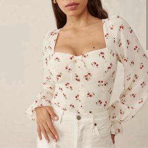 Reformation Cream Floral Cherry Print Square-Neck Blouse